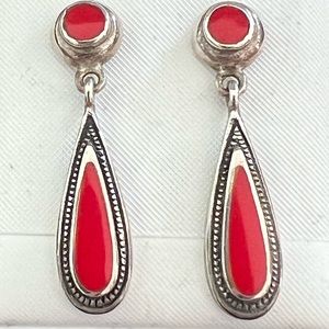 925 Silver w Red Stone Post Drop Earrings